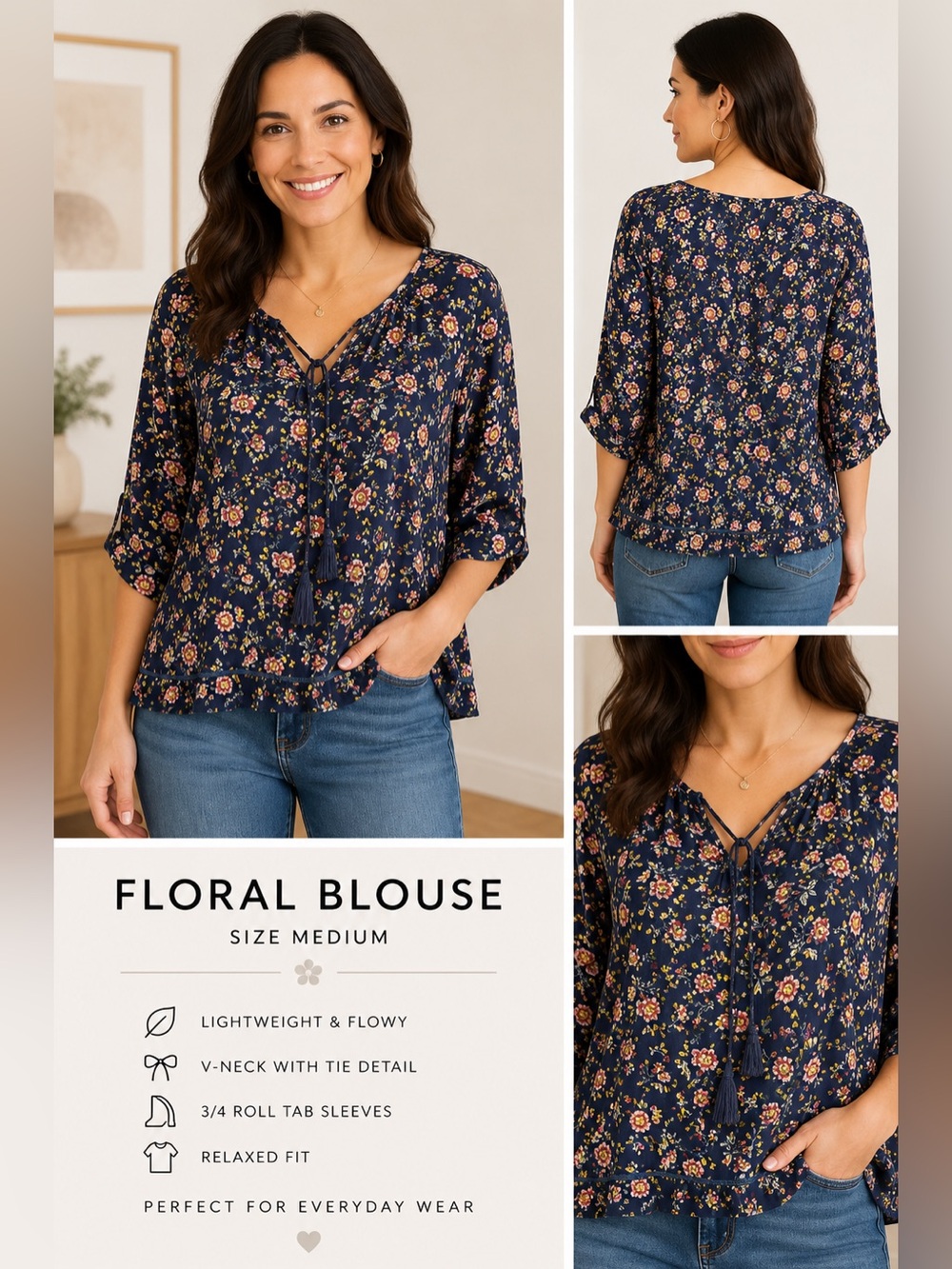 Floral V-Neck Tie Blouse - Navy Floral